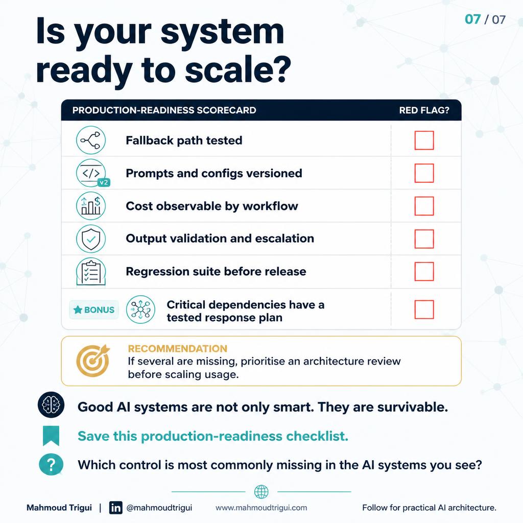 AI production readiness checklist - fallback tested, prompts versioned, cost observable, output validated, regression suite in place