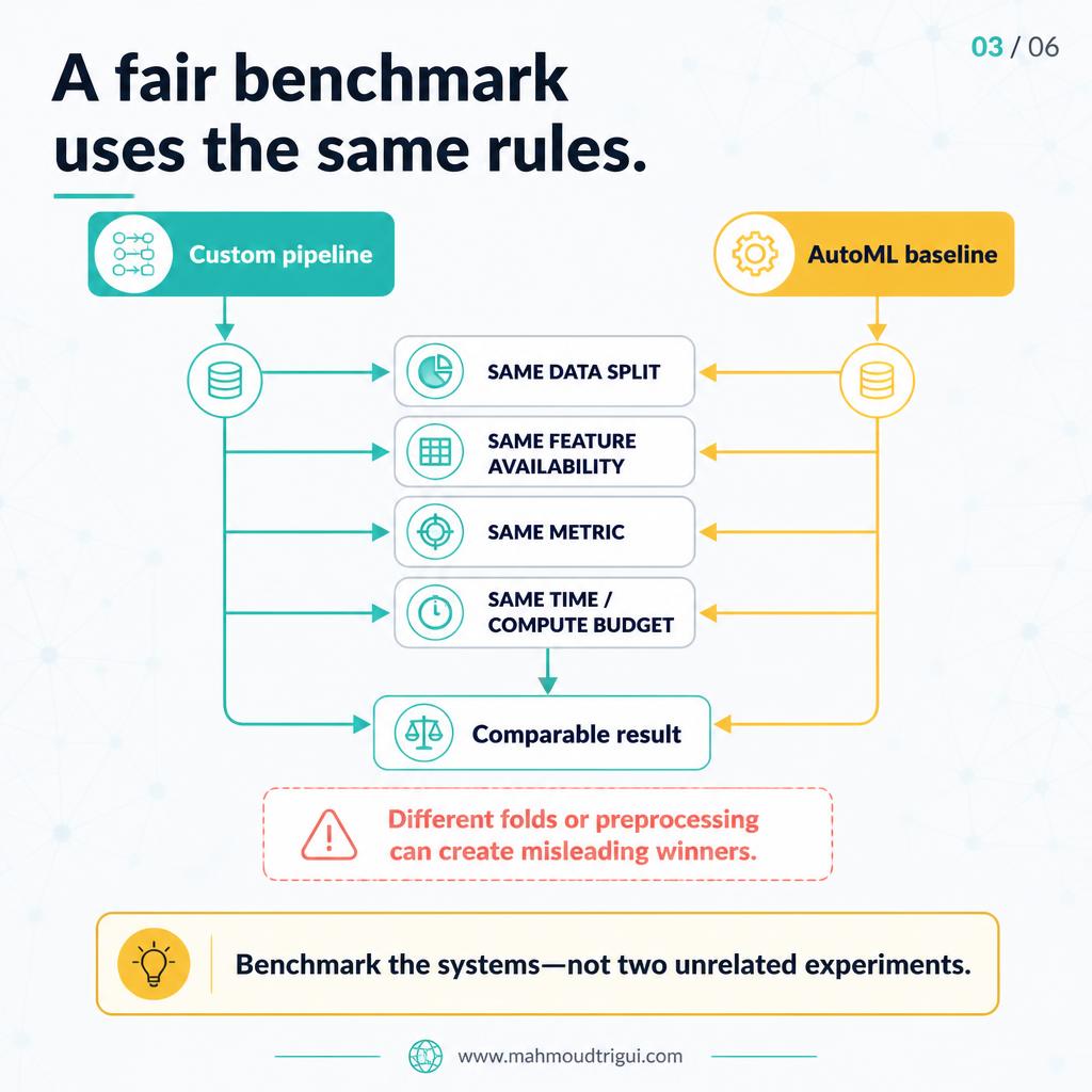 A fair benchmark uses the same rules — same data split, feature availability, metric, and time or compute budget