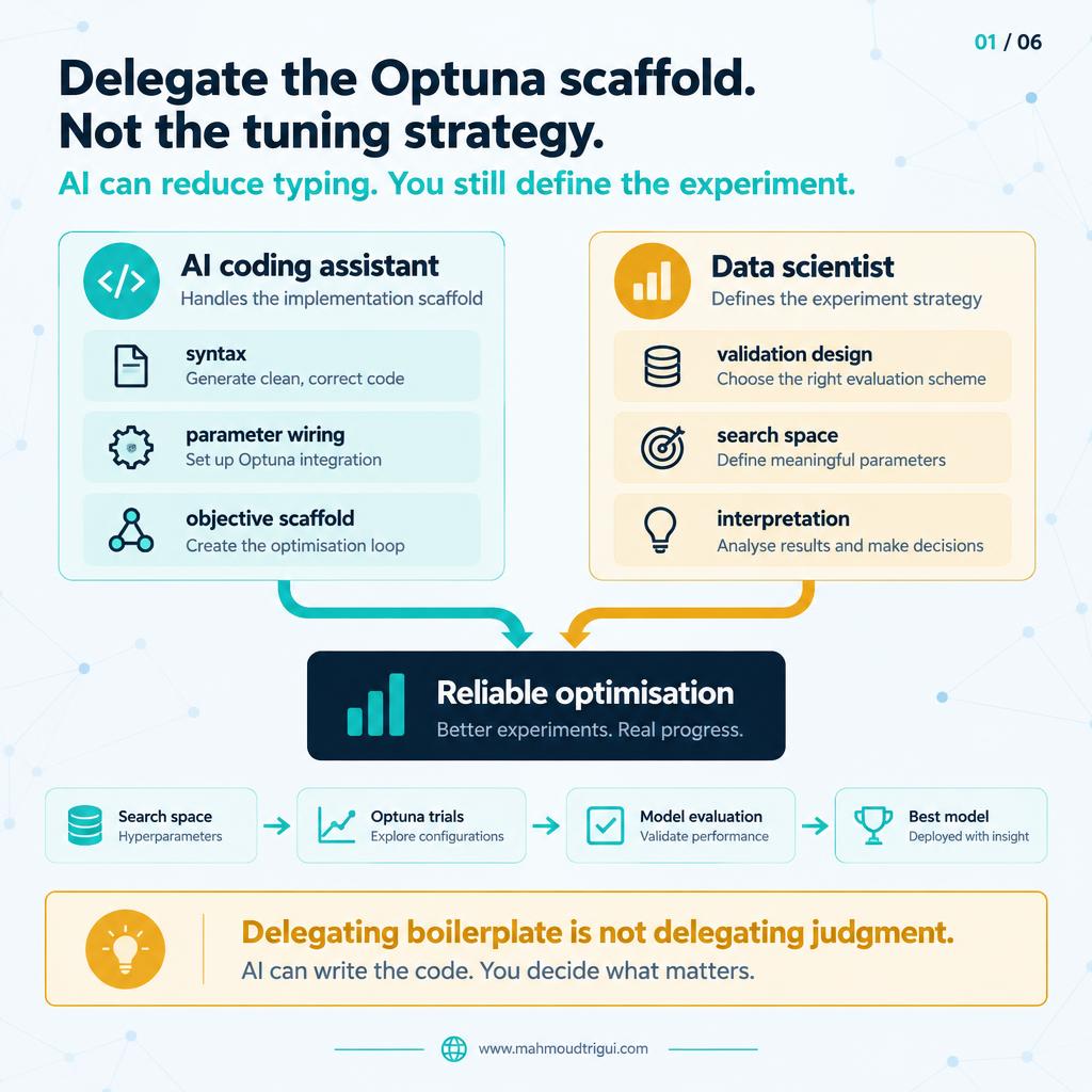 Delegate the Optuna scaffold not the tuning strategy - AI can reduce typing, you still define the experiment.