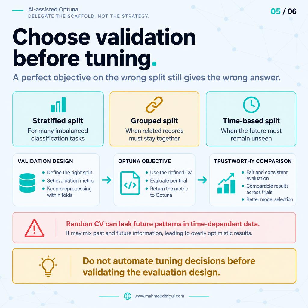 Choose validation before tuning - stratified, grouped, or time-based split; a perfect objective on the wrong split gives the wrong answer.