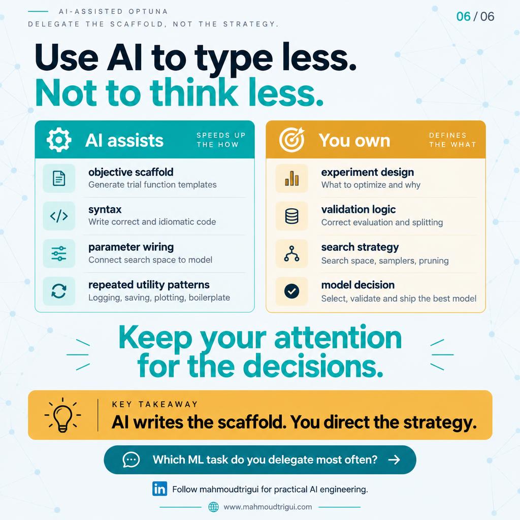 Use AI to type less, not to think less - AI writes the scaffold, you direct the strategy.