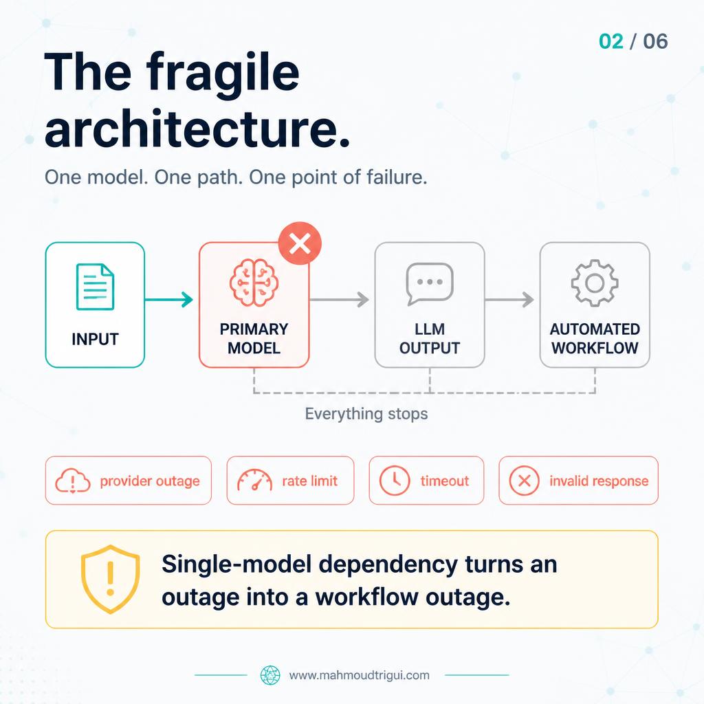 The fragile architecture — one model, one path, one point of failure