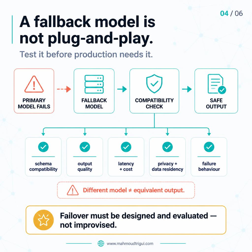 A fallback model is not plug-and-play — test schema compatibility, output quality, latency, privacy, and failure behaviour