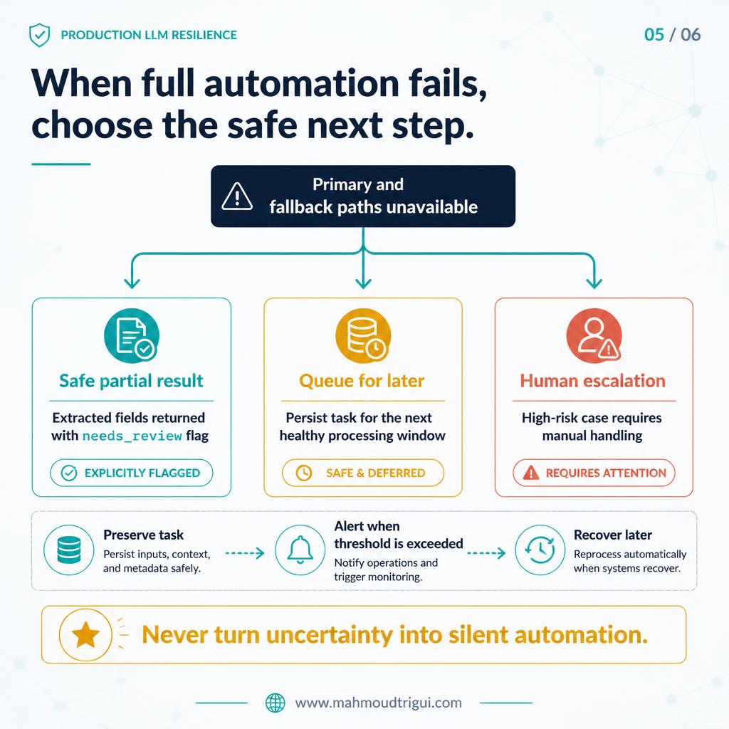 When full automation fails, choose the safe next step — partial result, queue for later, or human escalation