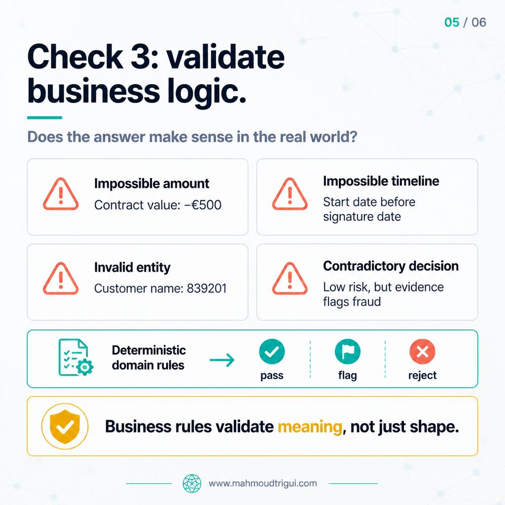 Validate business logic — deterministic domain rules flag impossible amounts, timelines, and contradictory labels