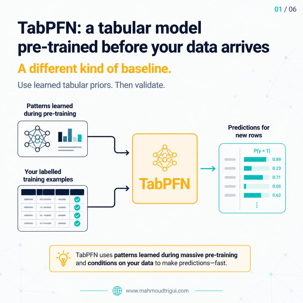 TabPFN: a tabular model pre-trained before your data arrives - use learned tabular priors, then validate.