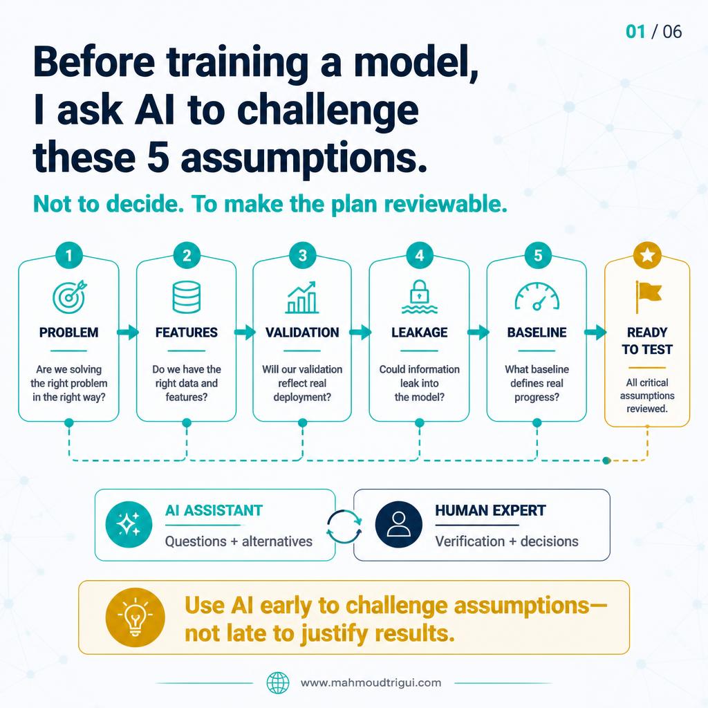 Before training a model, ask AI to challenge these 5 assumptions &mdash; not to decide, but to make the plan reviewable