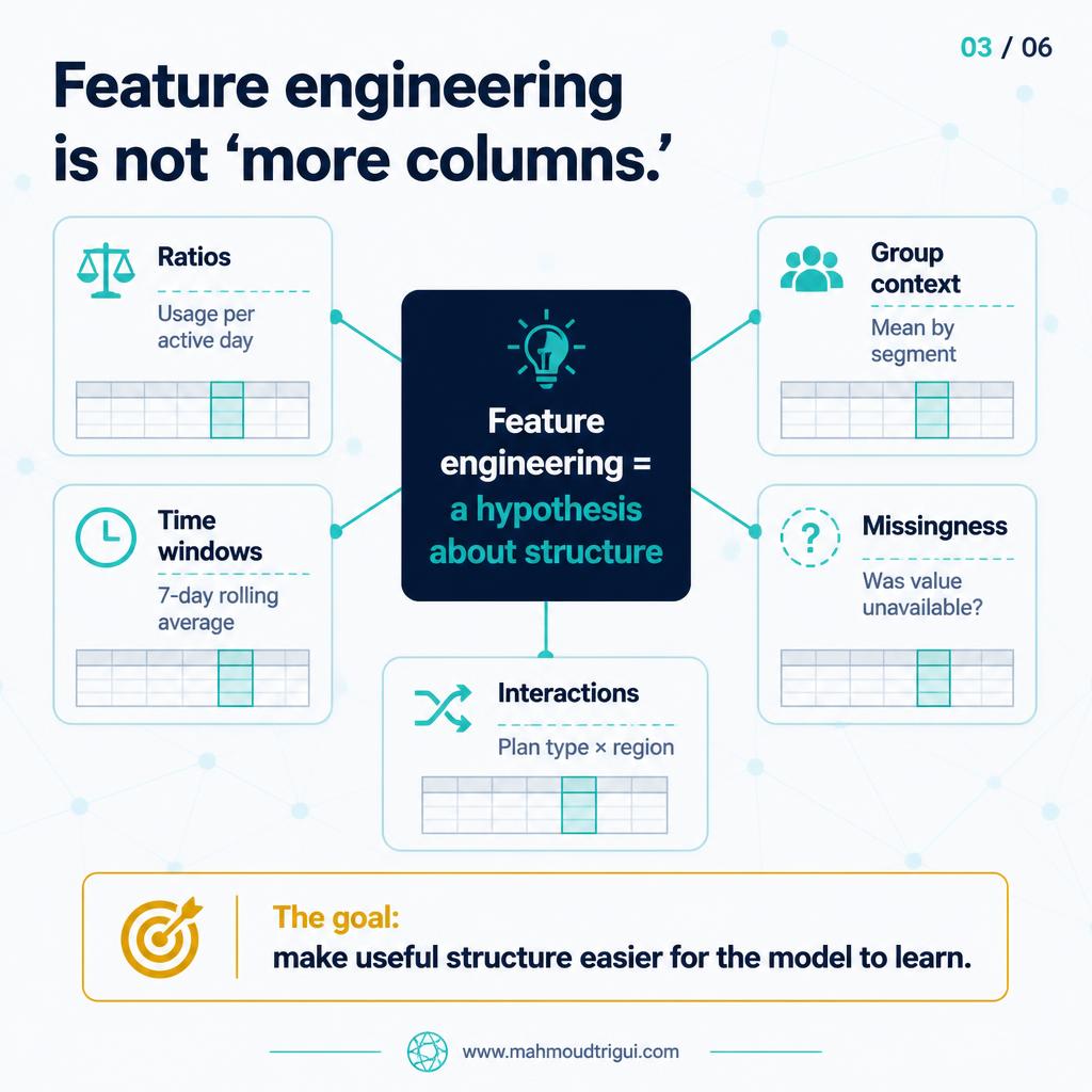 Feature engineering is hypotheses about structure, not more columns