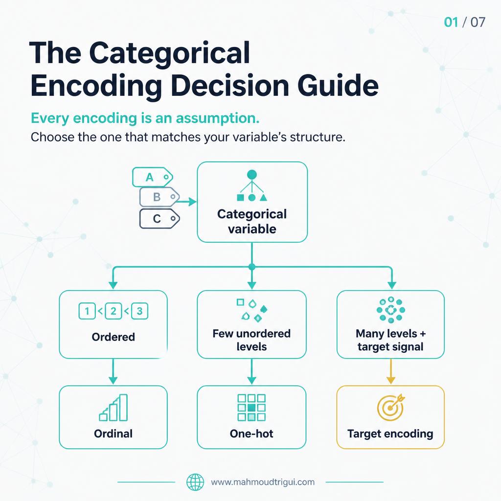 Categorical encoding cheat sheet for tabular machine learning — practical guide to one-hot, ordinal, target, WoE, and contrast coding