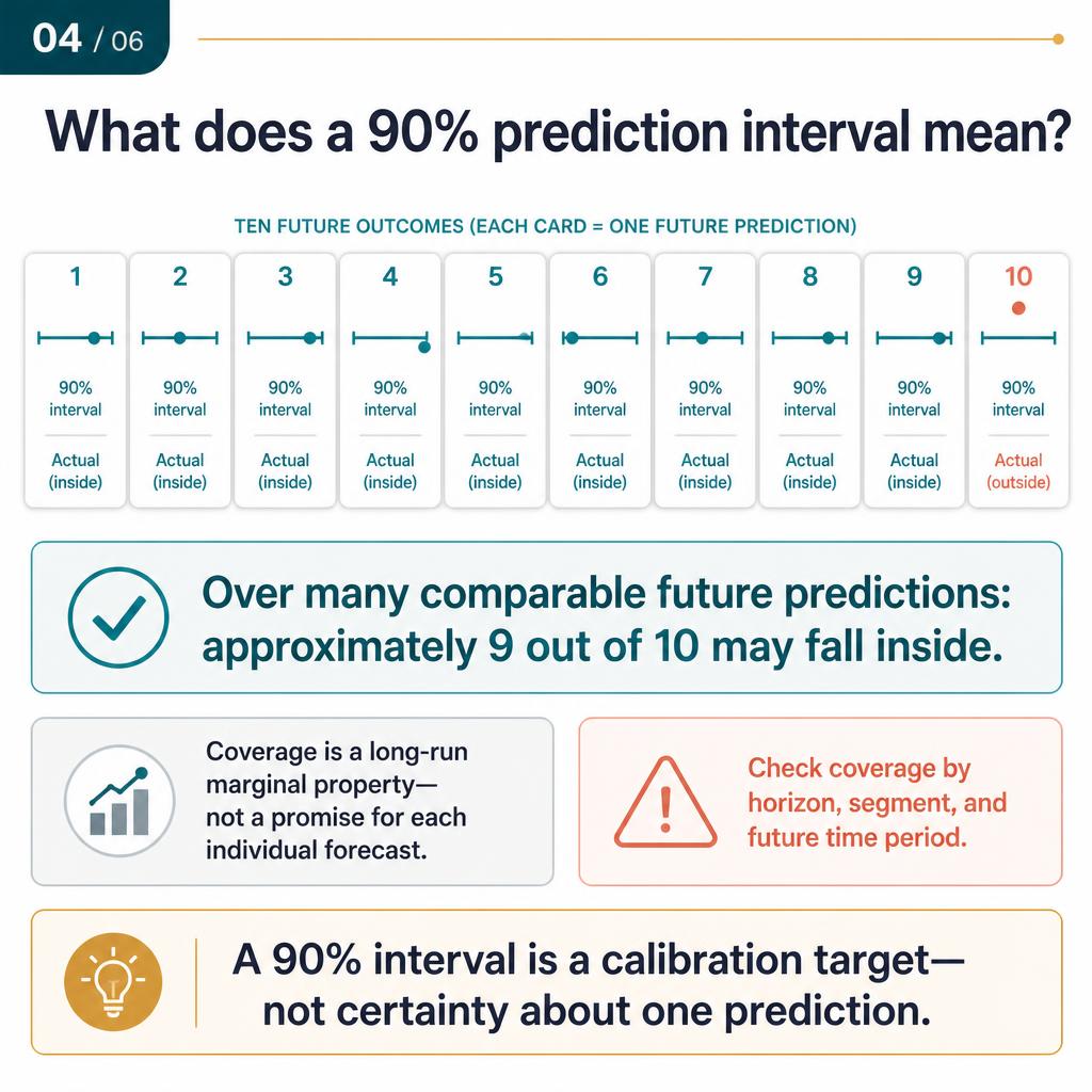 What does a 90% prediction interval mean? Ten future-outcome cards each showing a teal interval line and one actual observation as a dot, with nine actuals inside their intervals and one outside in muted coral, noting that coverage is a long-run marginal property and not a promise for each individual forecast