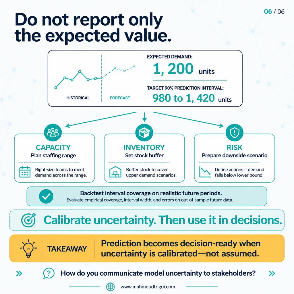 Do not report only the expected value: a forecast card showing expected demand of 1,200 units and a target 90% prediction interval of 980 to 1,420, feeding capacity, inventory, and risk decisions, with a validation strip to backtest interval coverage on realistic future periods
