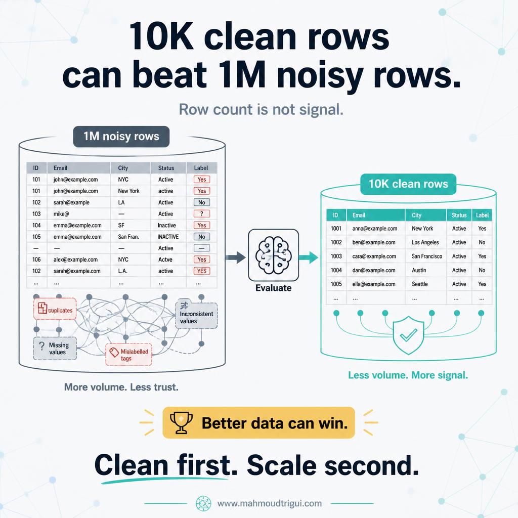 Headline: 10K clean rows can beat 1M noisy rows. Subheadline: row count is not signal. On the left a large but unstable data container labelled 1M noisy rows holding duplicated records, inconsistent field values, missing-value marks, mislabelled tags and tangled messy connection lines, tagged More volume, less trust. On the right a smaller but clear and strong data container labelled 10K clean rows holding consistent labels, deduplicated records, complete validated fields and clean structured connection lines, tagged Less volume, more signal. A simple evaluation and model icon points toward the clean-data side, with a gold outcome badge reading Better data can win. Large bottom insight: Clean first, scale second.
