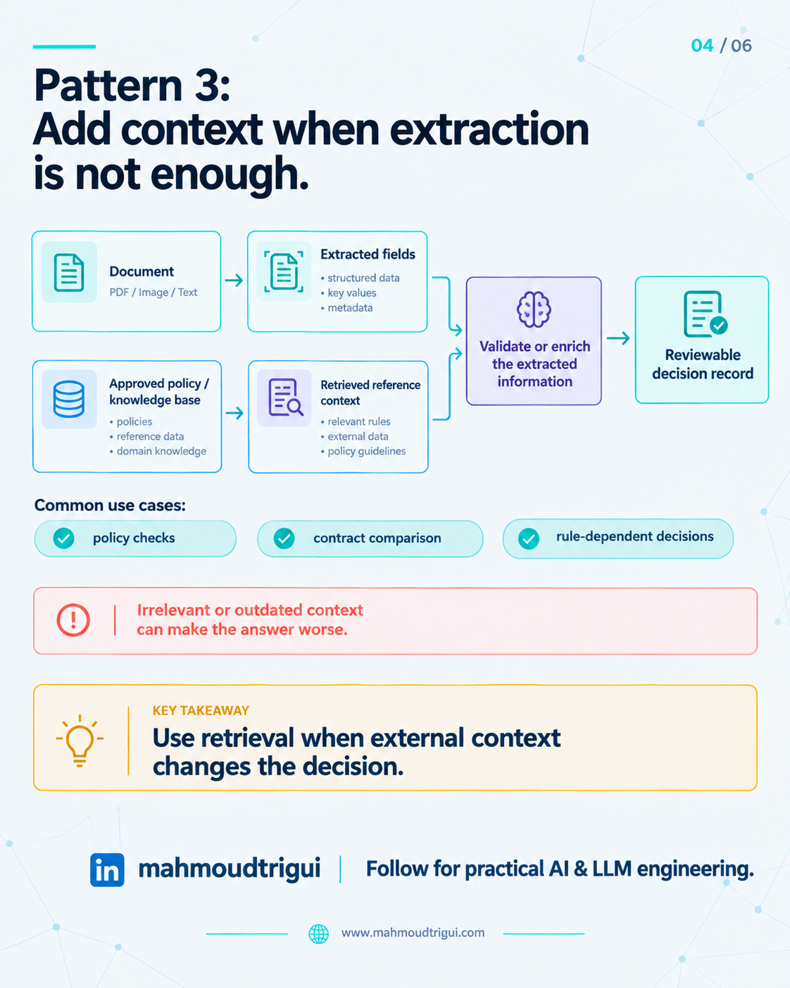 Pattern 3: Add context when extraction is not enough — use retrieval when external context changes the decision