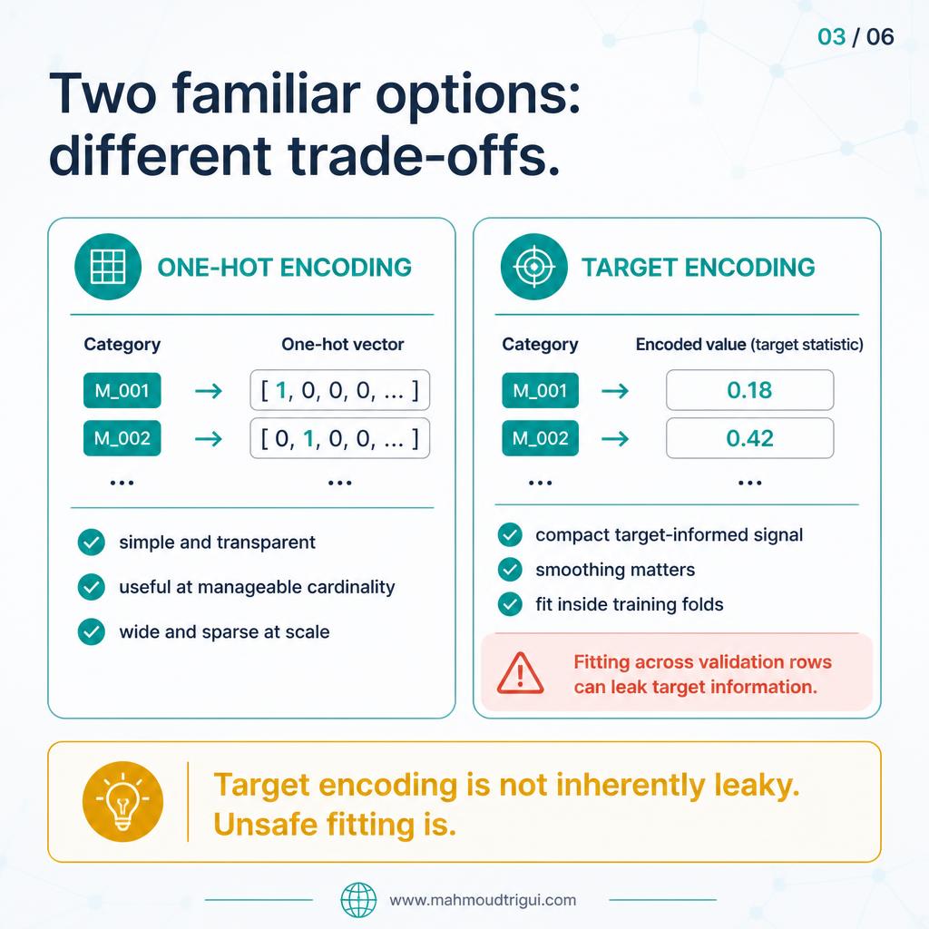 High cardinality changes the trade-offs: wide sparse matrix, rare categories, and new categories in production