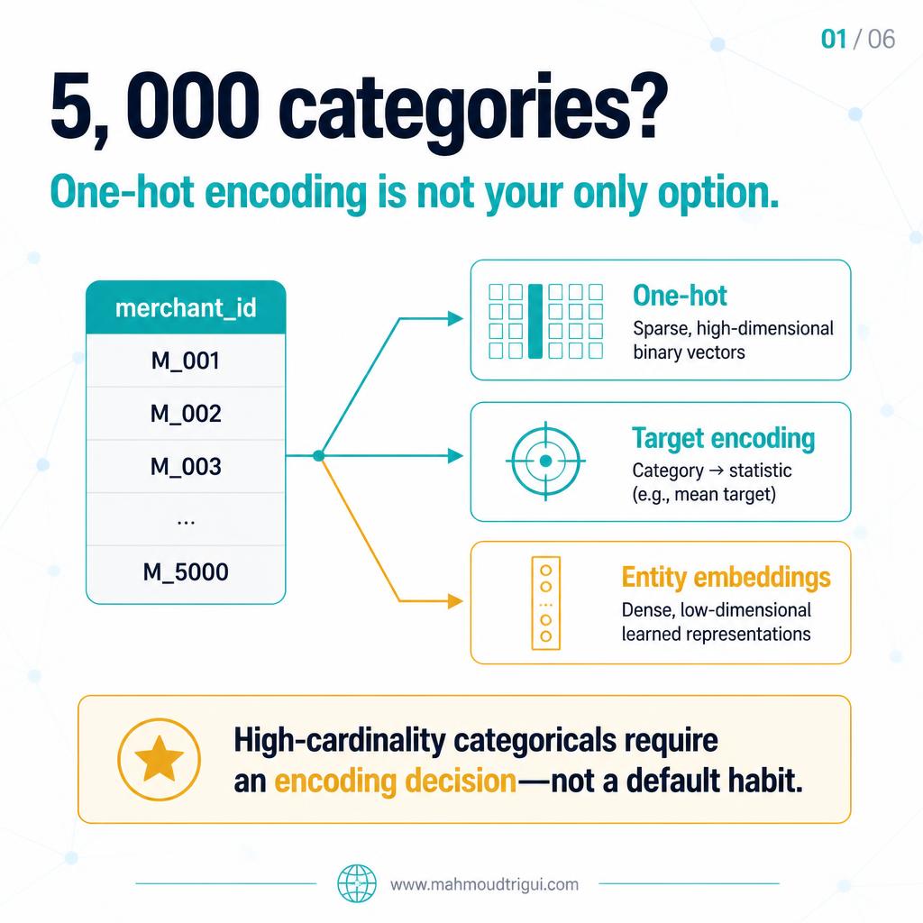 Choose the encoding that matches the problem: one-hot, fold-safe target encoding, or entity embeddings against a strong baseline