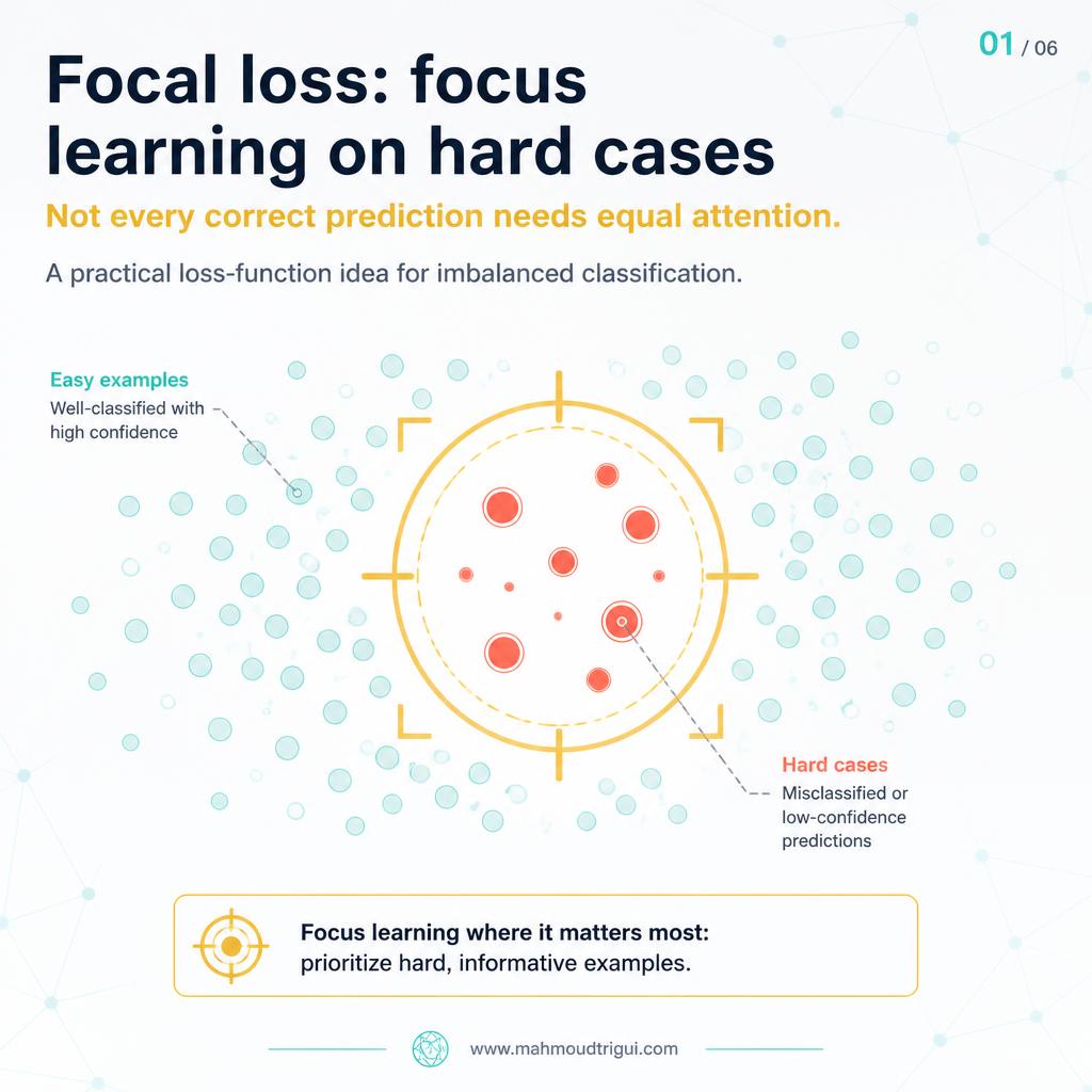 Focal loss focuses learning on hard cases — focus learning on hard cases, premium data science visual with classification points and focal lens on rare examples