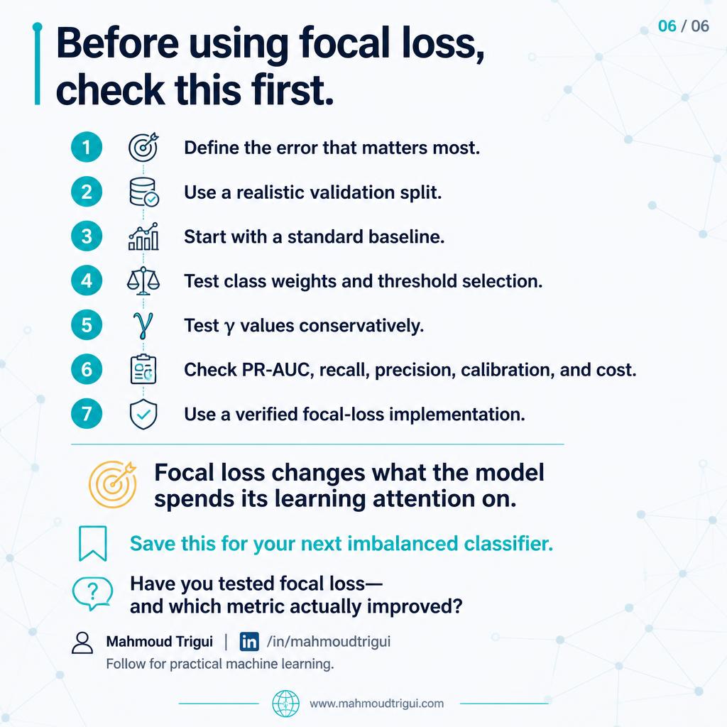 Before using focal loss, check this first — seven-step validation checklist for imbalanced classifiers