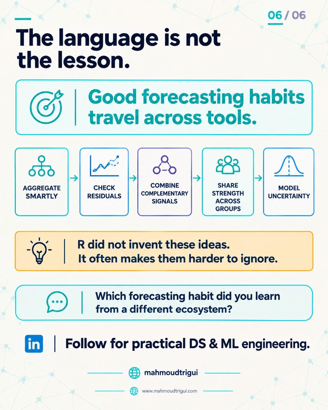 The language is not the lesson — good forecasting habits travel across tools