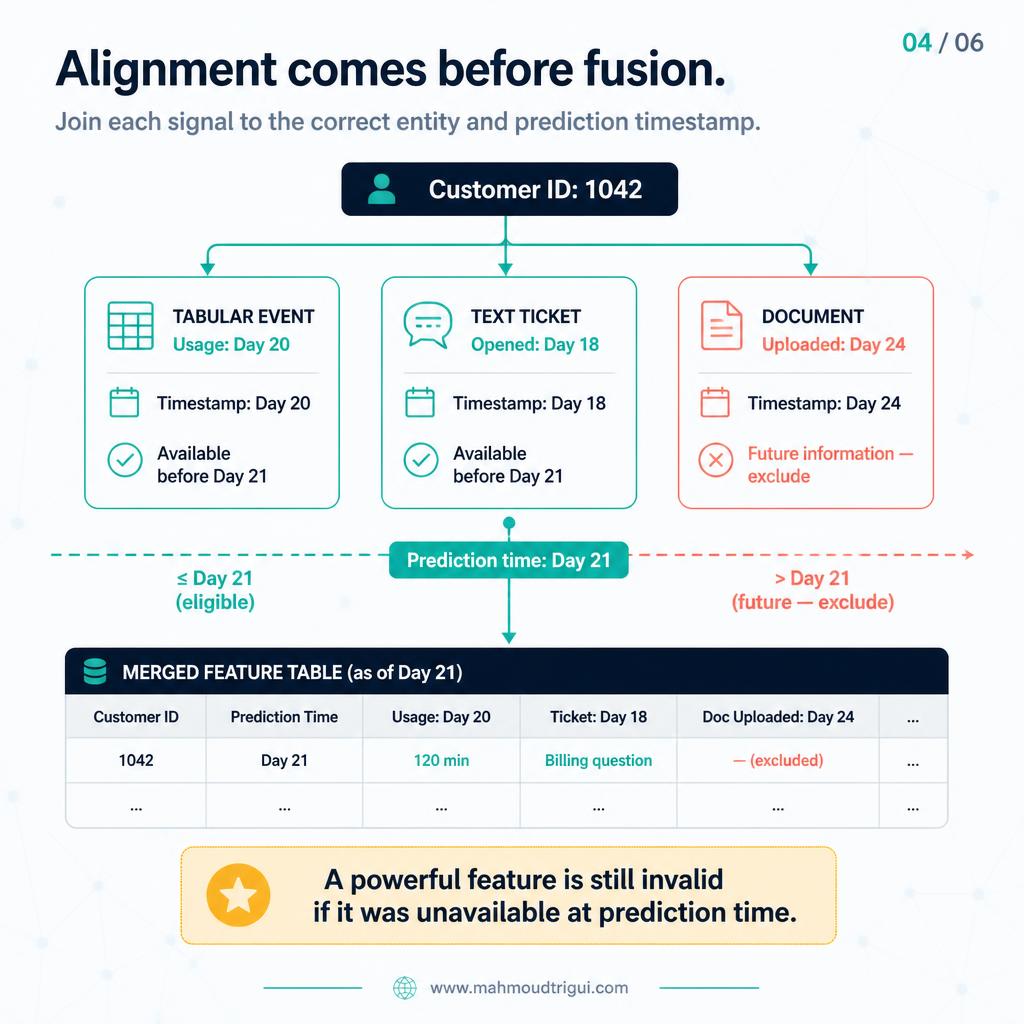 Alignment comes before fusion - join each signal to the correct entity and prediction timestamp