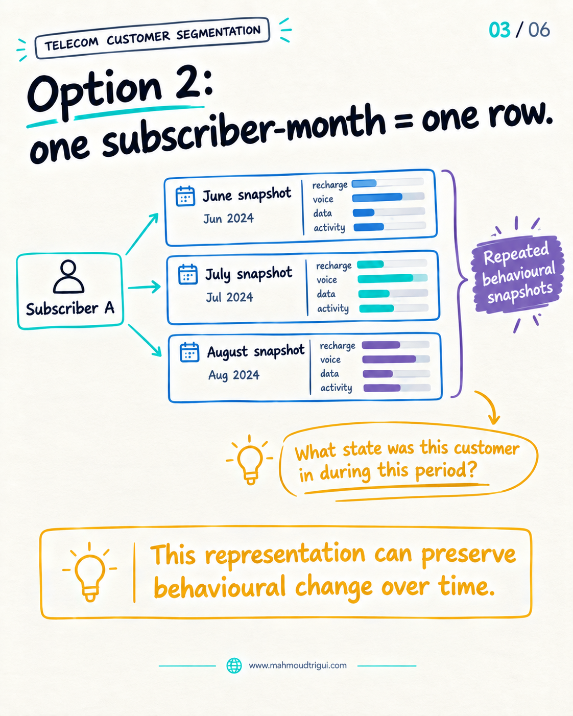 Option 2 â€” one subscriber-month equals one row: repeated behavioural snapshots that preserve change