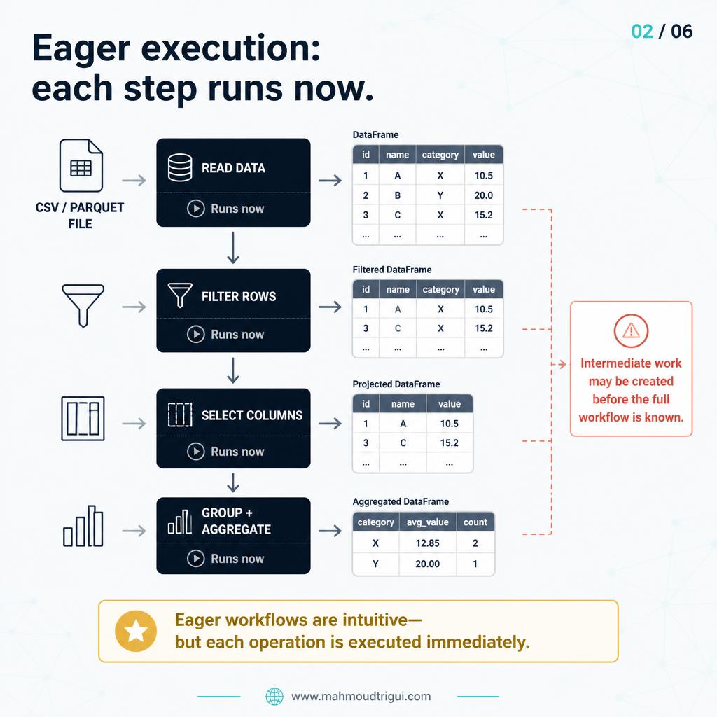 Eager execution: each step runs now — pandas executes every operation immediately
