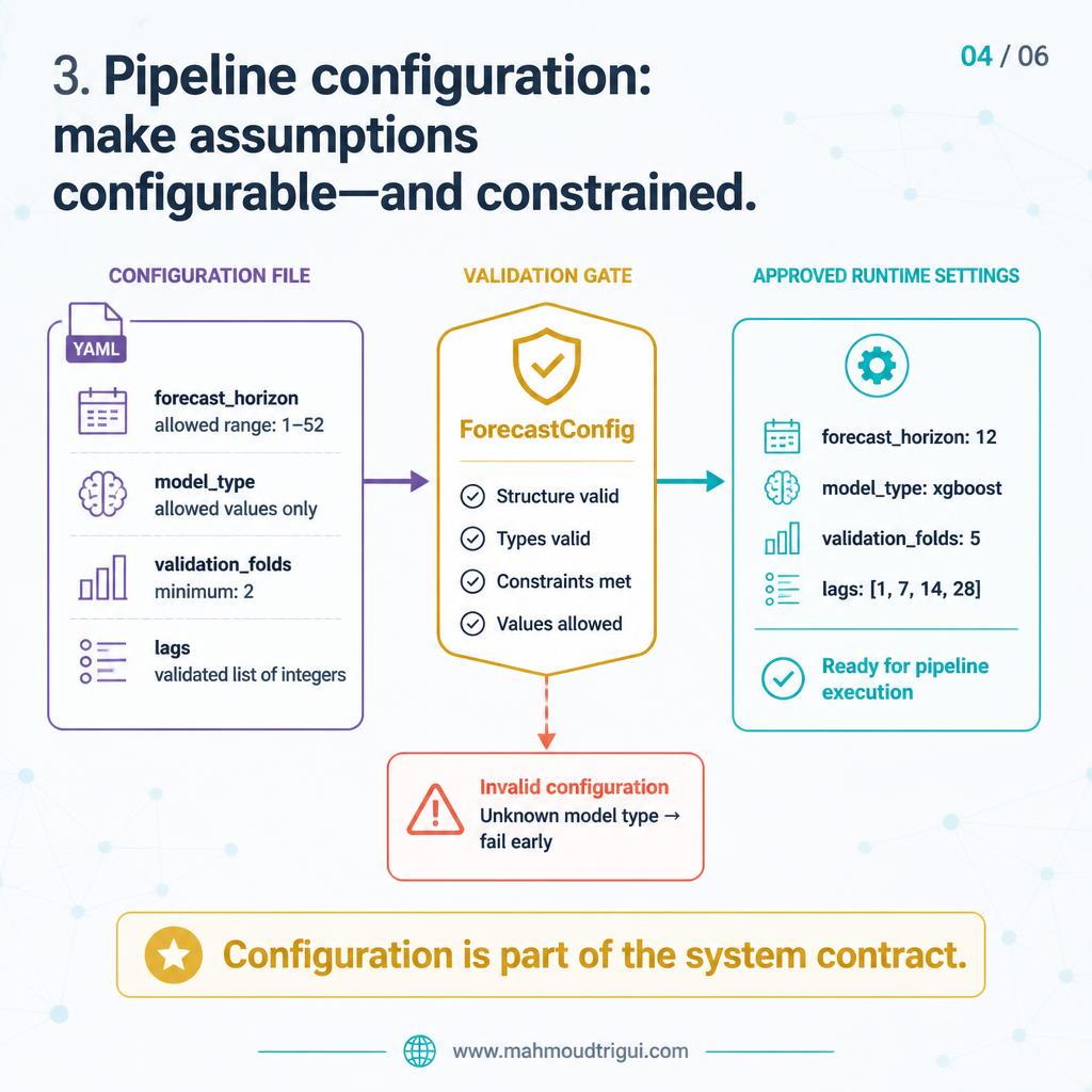 3. Pipeline configuration: make assumptions configurable and constrained &mdash; forecast config validated through a ForecastConfig gate into approved runtime settings, so an unknown model type fails early