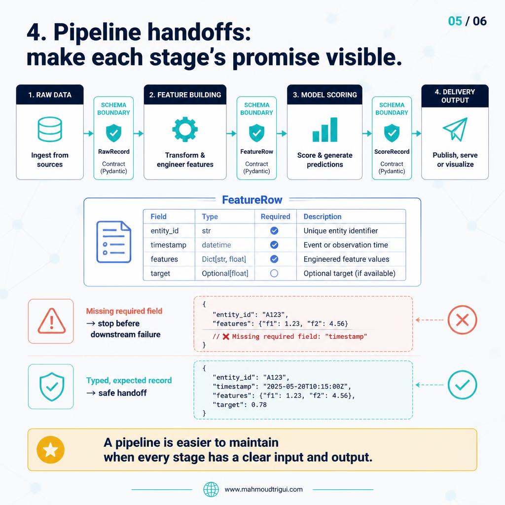 4. Pipeline handoffs: make each stage's promise visible &mdash; raw data, feature building, model scoring, and delivery output separated by schema boundaries, where a missing required field stops before a downstream failure