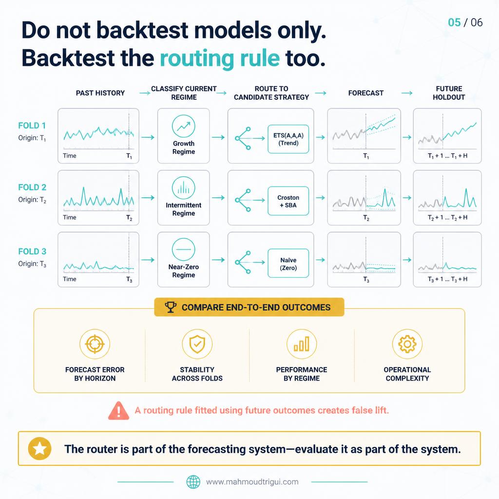 Do not backtest models only, backtest the routing rule too â€” compare end-to-end outcomes across rolling origins