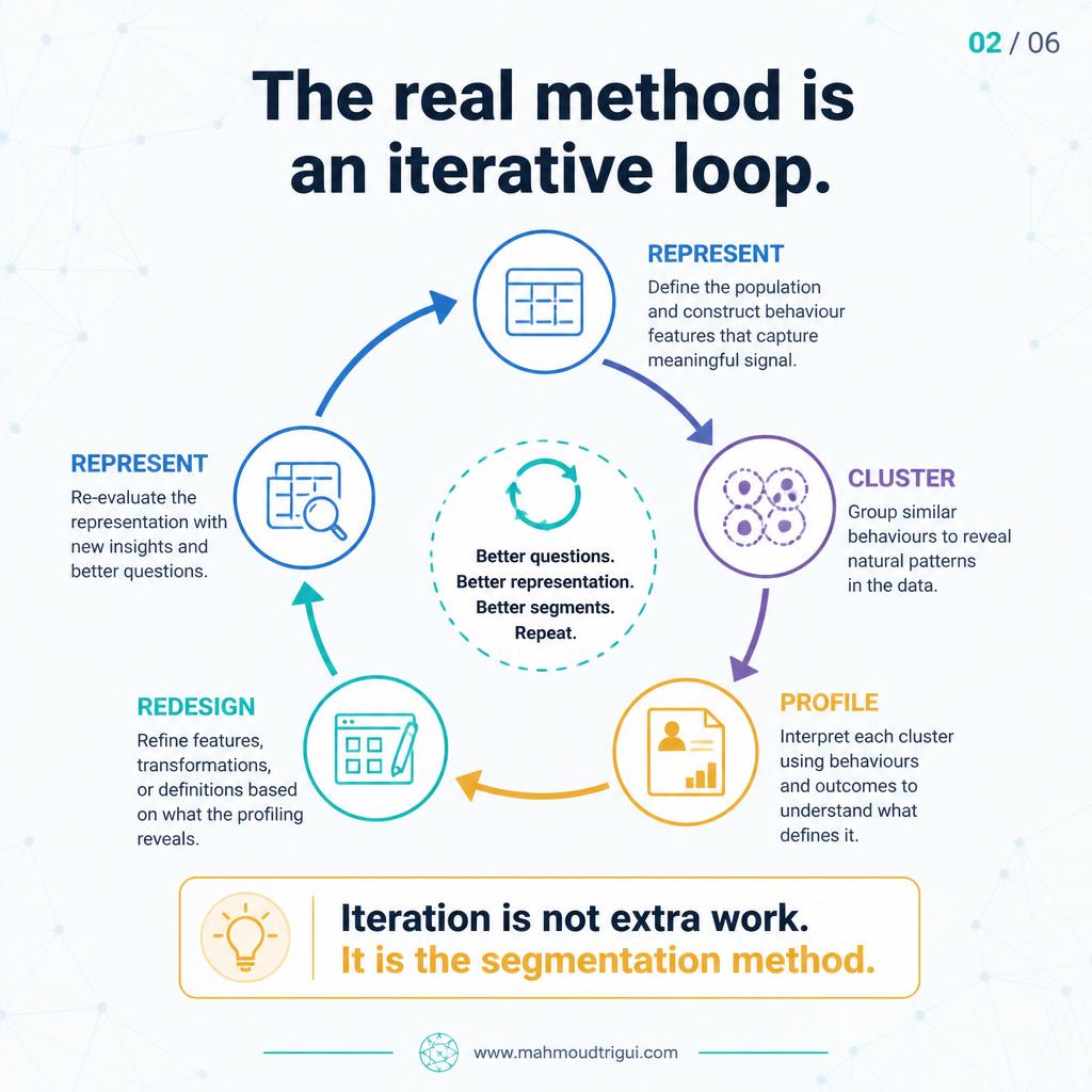 The real method is an iterative loop - represent, cluster, profile, redesign