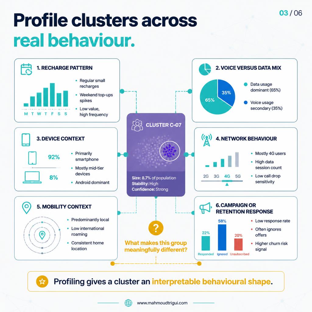 Profile clusters across real behaviour - recharge pattern, voice data mix, device context, network behaviour