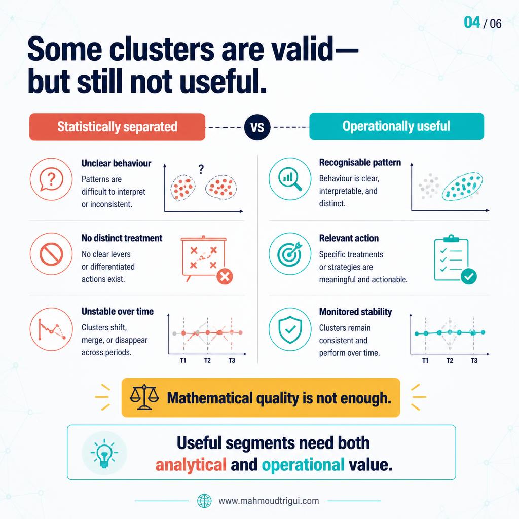 Some clusters are valid but not useful - statistically separated versus operationally useful
