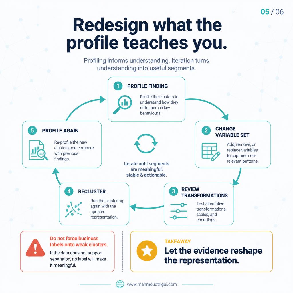 Redesign what the profile teaches you - change the variable set, review transformations, recluster