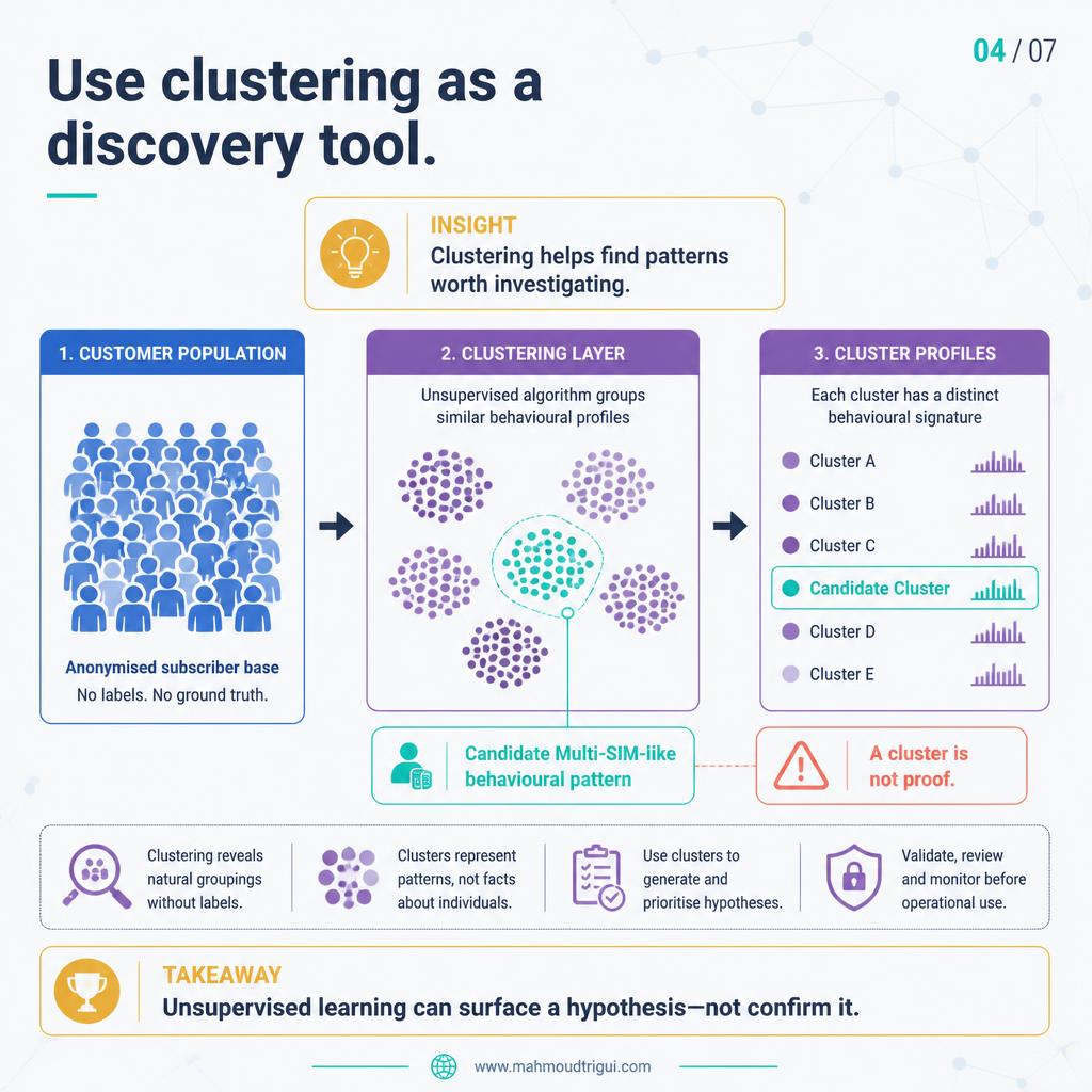 Use clustering as a discovery tool — a candidate behavioural pattern worth investigating