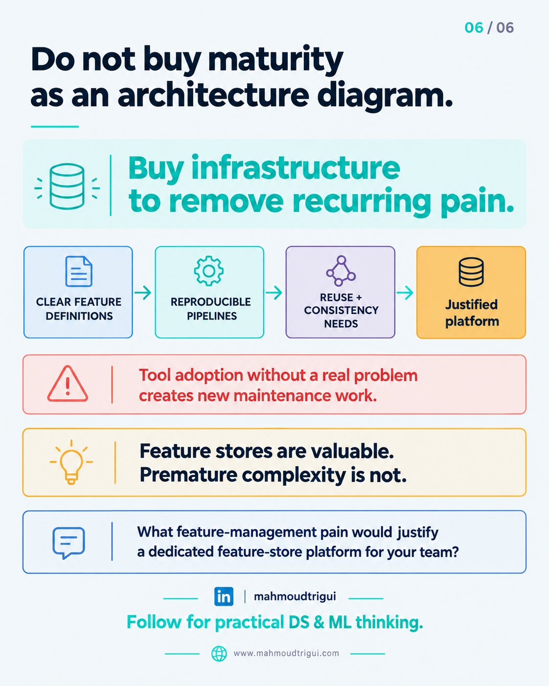 Buy infrastructure to remove recurring pain — progression from definitions and reproducible pipelines to justified platform, avoid premature complexity
